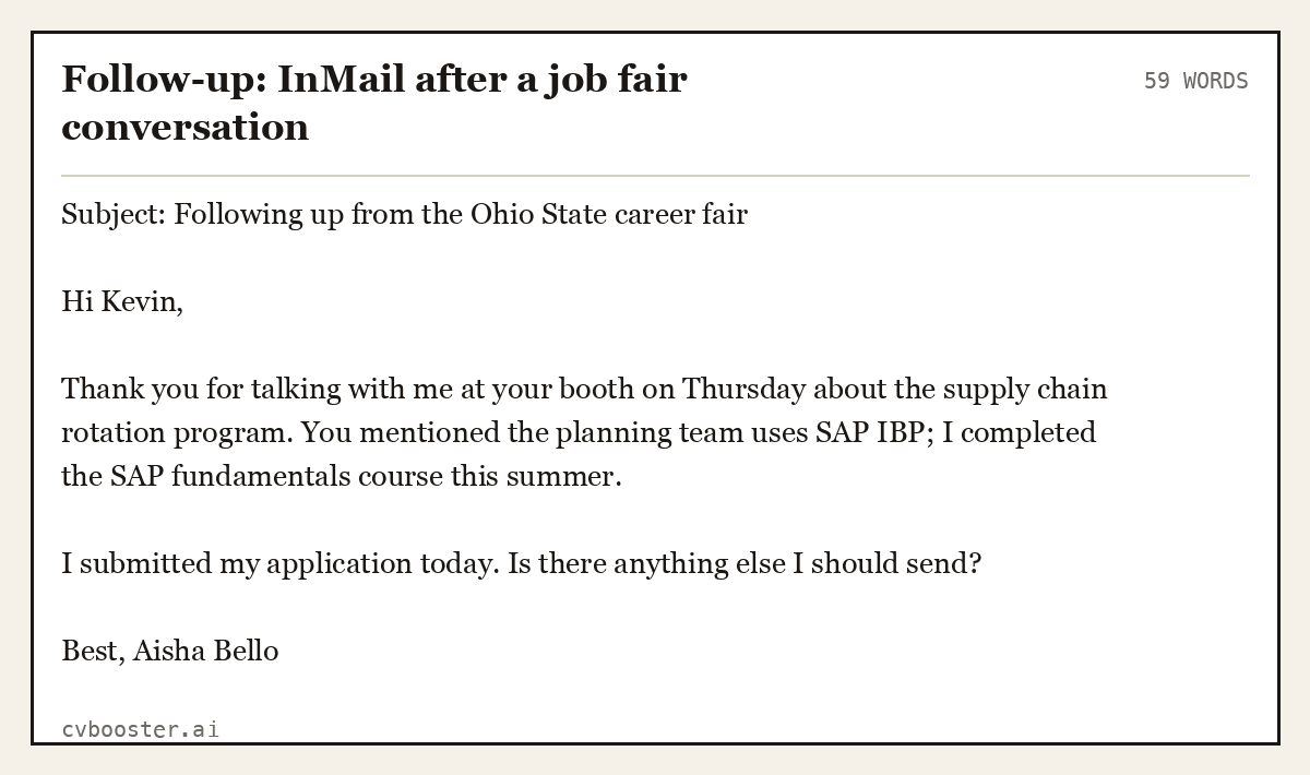 Complete Follow-up: InMail after a job fair conversation example, 59 words, laid out as it would sit in the application form