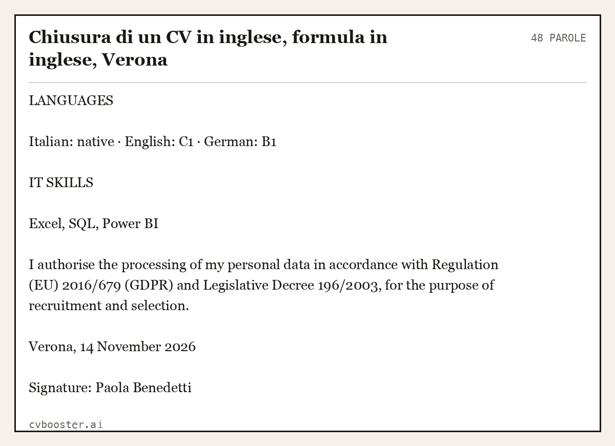 Esempio svolto: Chiusura di un CV in inglese, formula in inglese, Verona, 48 parole
