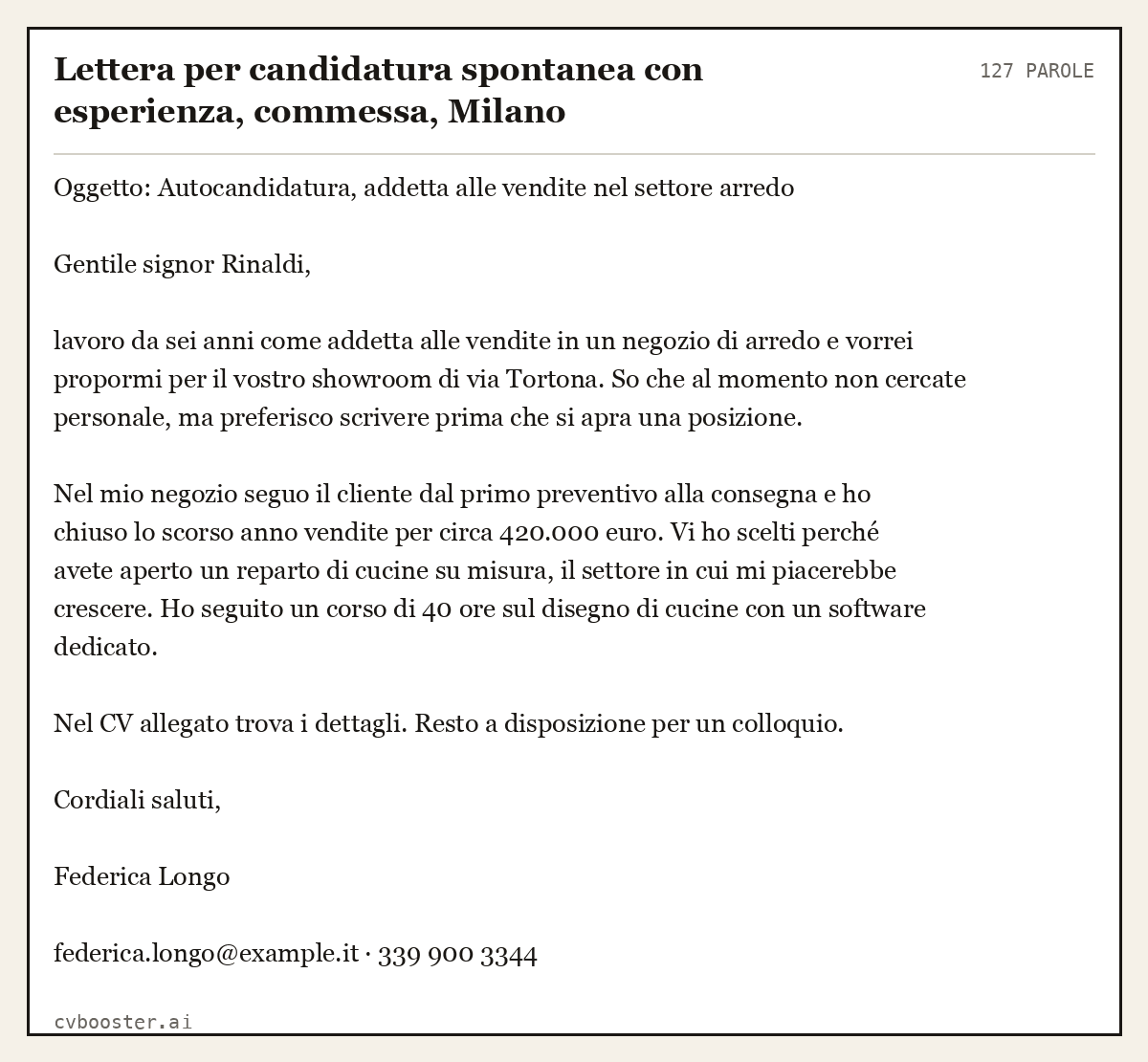 Esempio svolto: Lettera per candidatura spontanea con esperienza, commessa, Milano, 127 parole