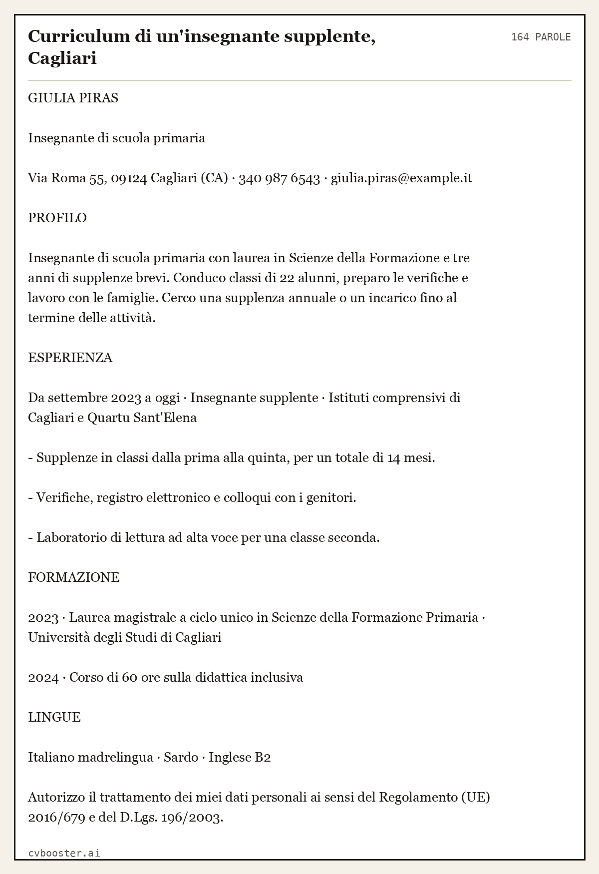 Esempio svolto: Curriculum di un'insegnante supplente, Cagliari, 164 parole