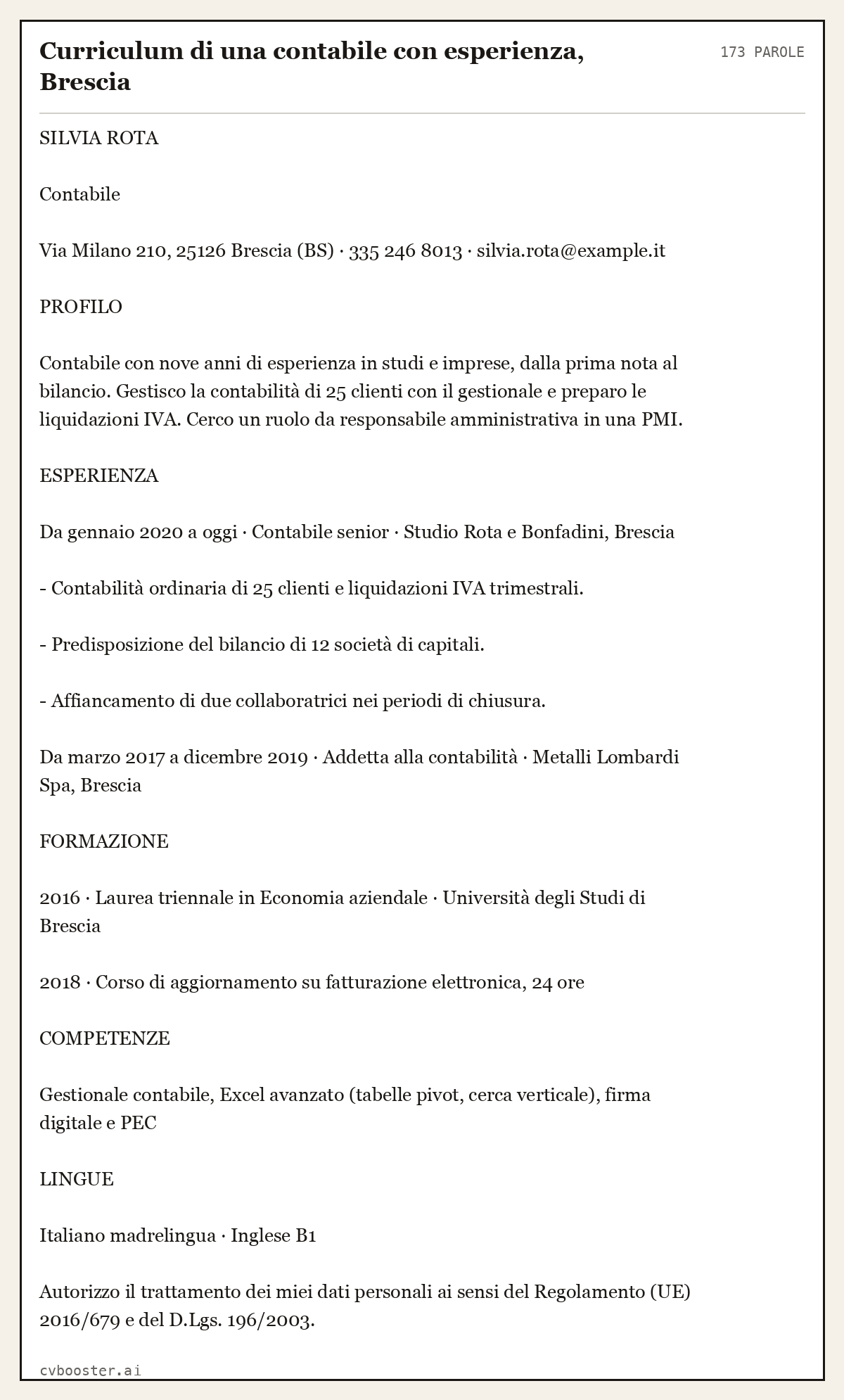 Esempio svolto: Curriculum di una contabile con esperienza, Brescia, 173 parole