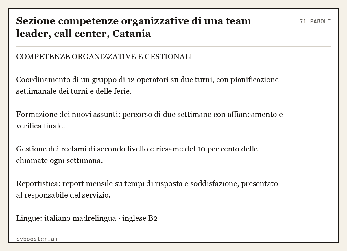 Esempio svolto: Sezione competenze organizzative di una team leader, call center, Catania, 71 parole