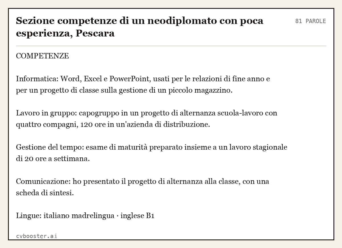 Esempio svolto: Sezione competenze di un neodiplomato con poca esperienza, Pescara, 81 parole