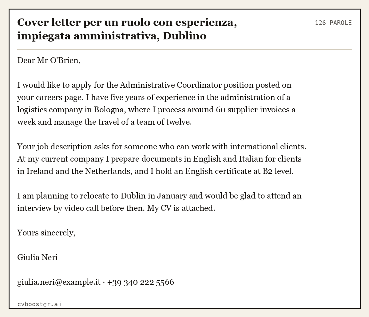 Esempio svolto: Cover letter per un ruolo con esperienza, impiegata amministrativa, Dublino, 126 parole