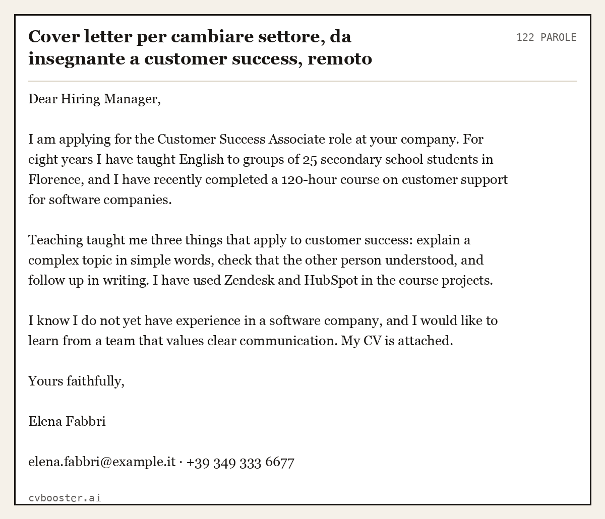 Esempio svolto: Cover letter per cambiare settore, da insegnante a customer success, remoto, 122 parole