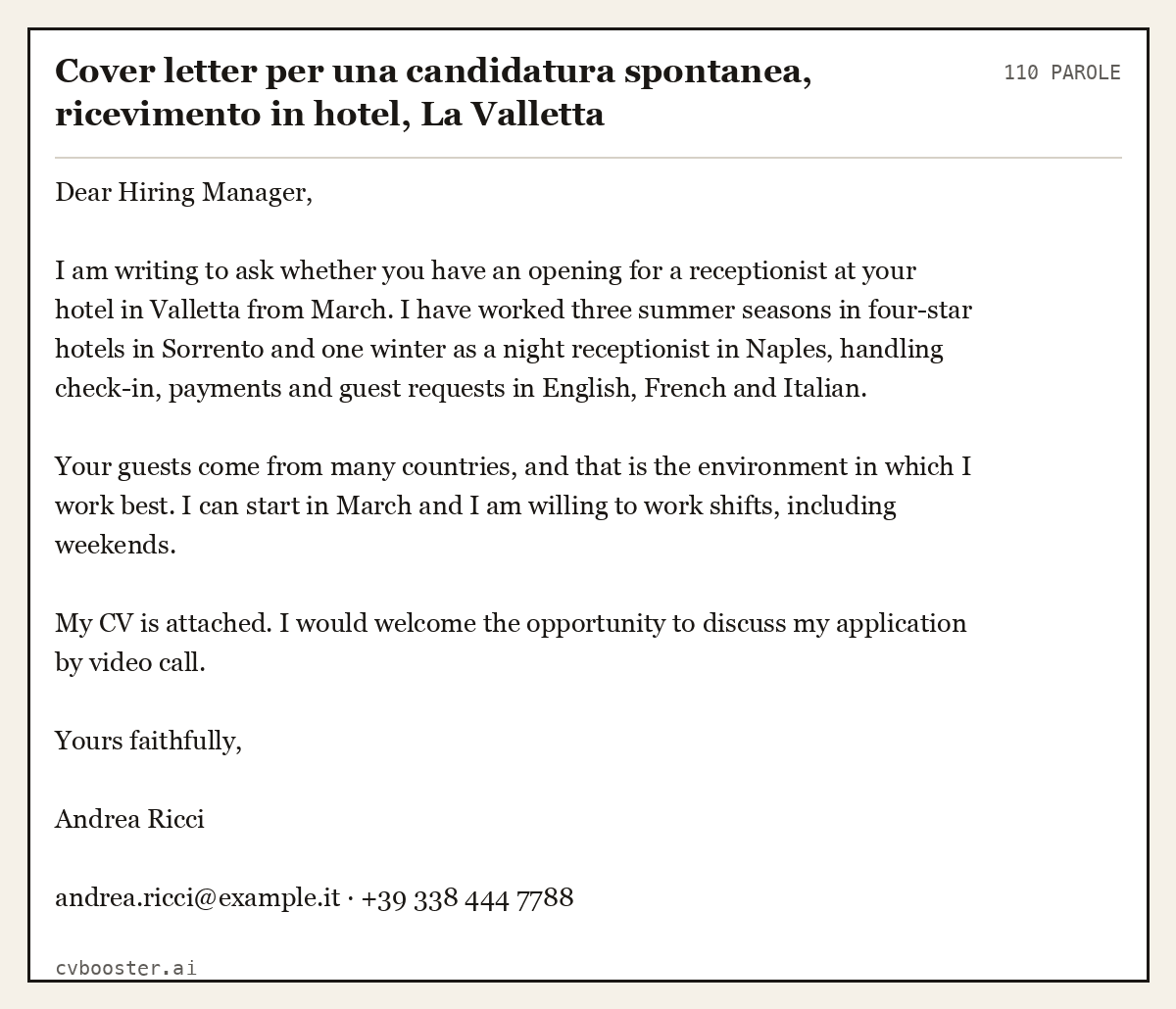 Esempio svolto: Cover letter per una candidatura spontanea, ricevimento in hotel, La Valletta, 110 parole