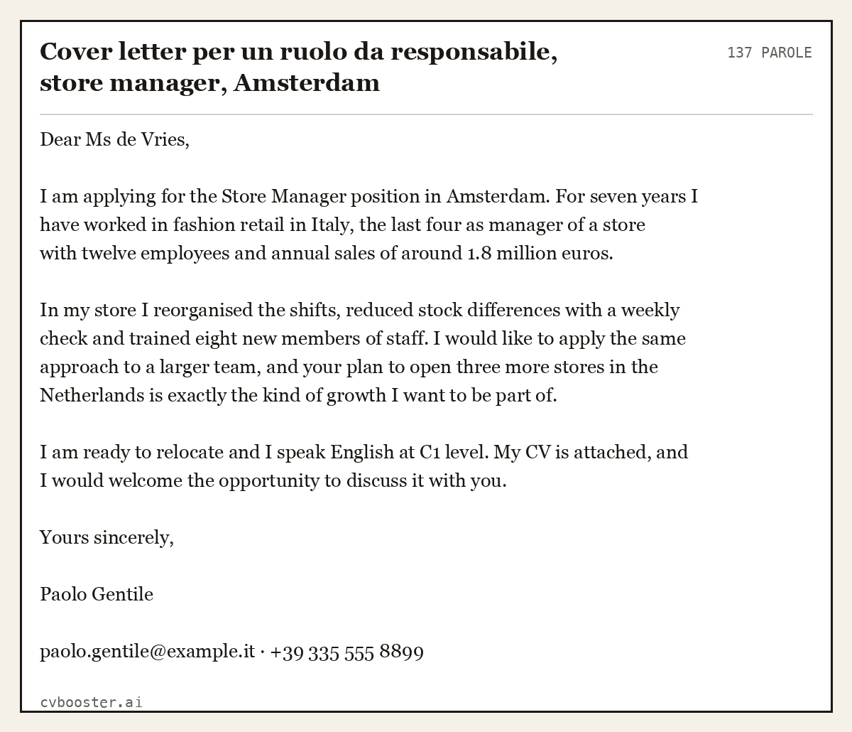 Esempio svolto: Cover letter per un ruolo da responsabile, store manager, Amsterdam, 137 parole