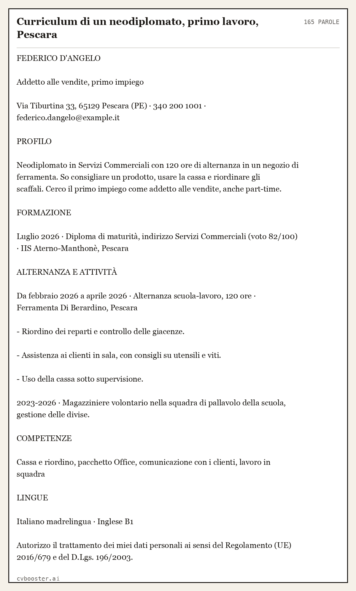 Esempio svolto: Curriculum di un neodiplomato, primo lavoro, Pescara, 165 parole