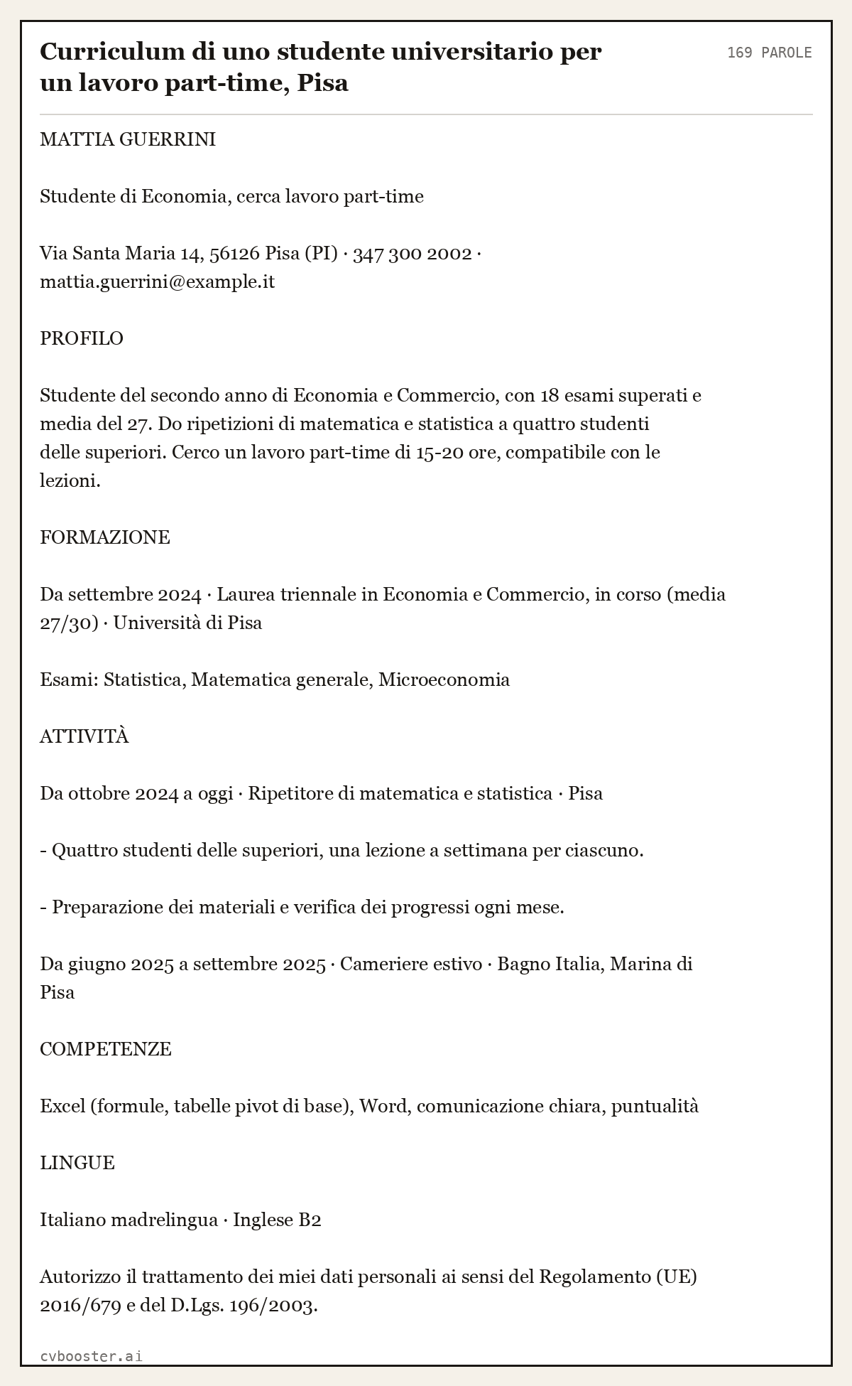 Esempio svolto: Curriculum di uno studente universitario per un lavoro part-time, Pisa, 169 parole