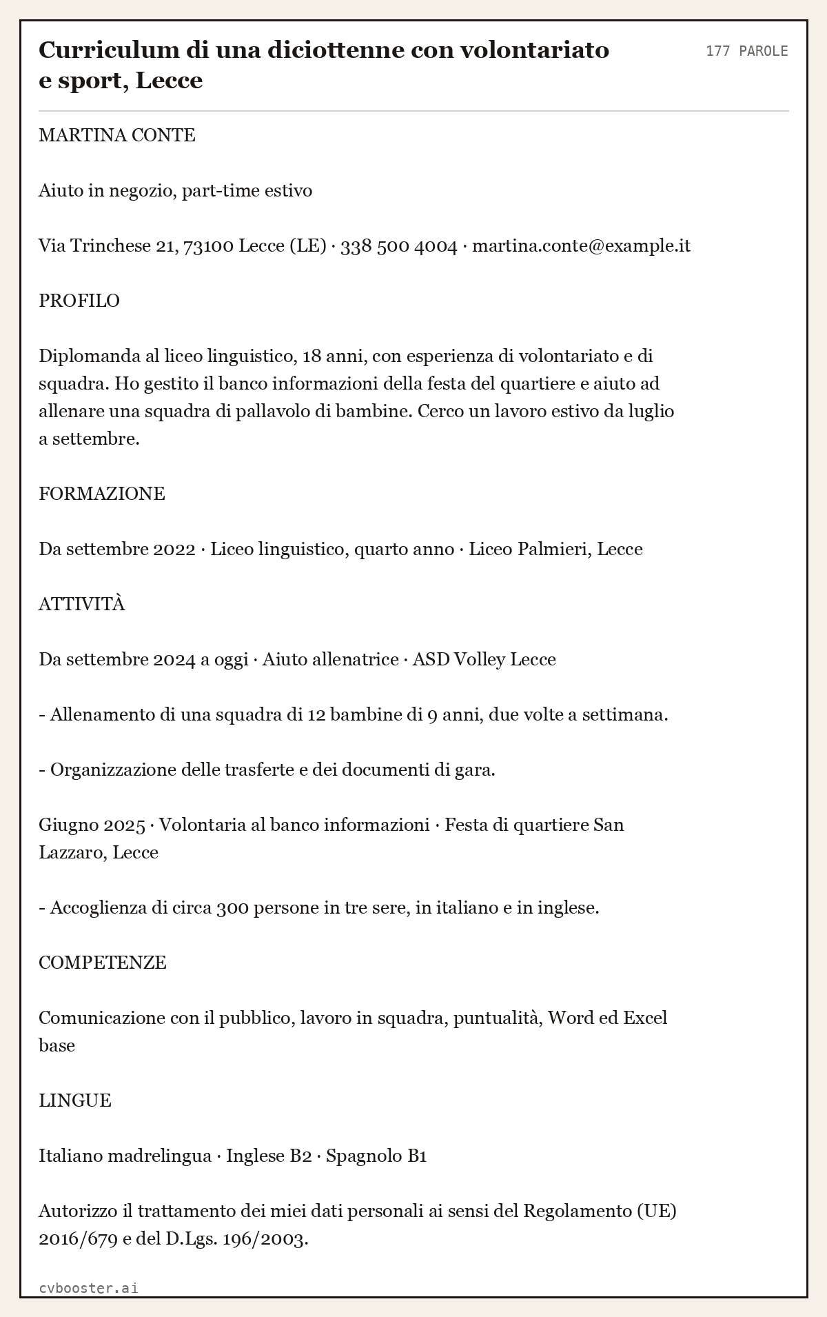 Esempio svolto: Curriculum di una diciottenne con volontariato e sport, Lecce, 177 parole