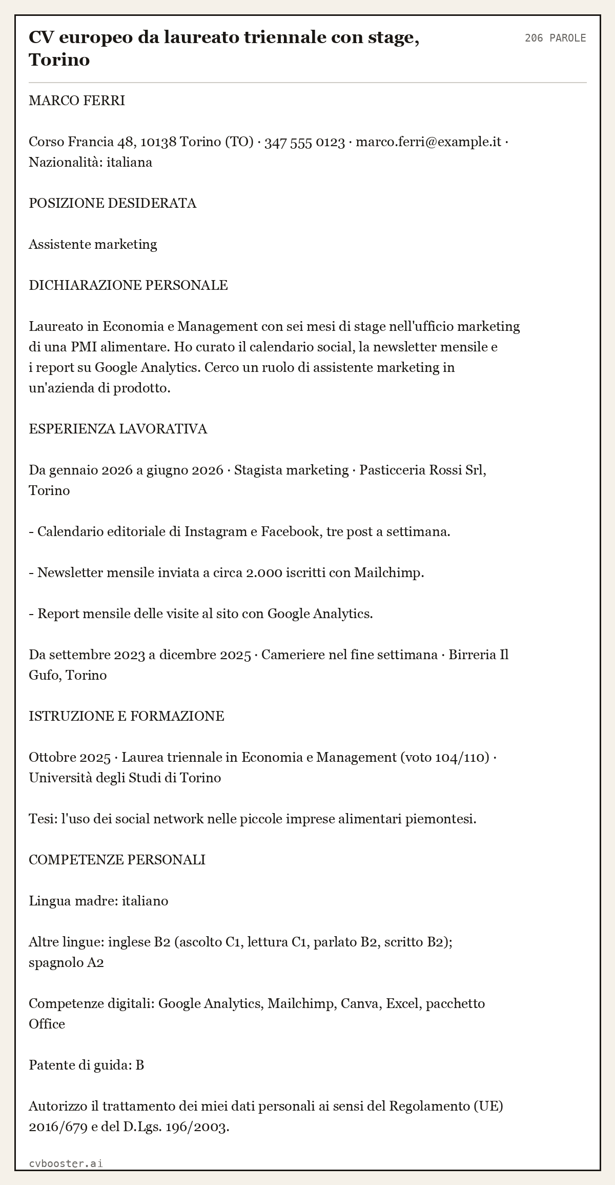 Esempio svolto: CV europeo da laureato triennale con stage, Torino, 206 parole