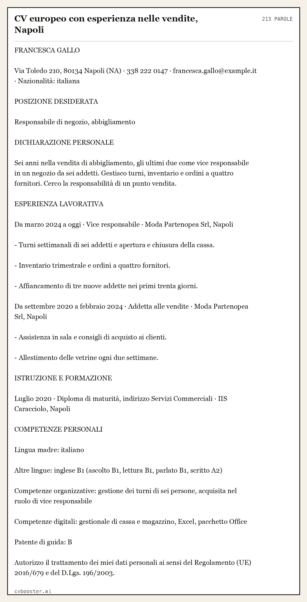 Esempio svolto: CV europeo con esperienza nelle vendite, Napoli, 213 parole