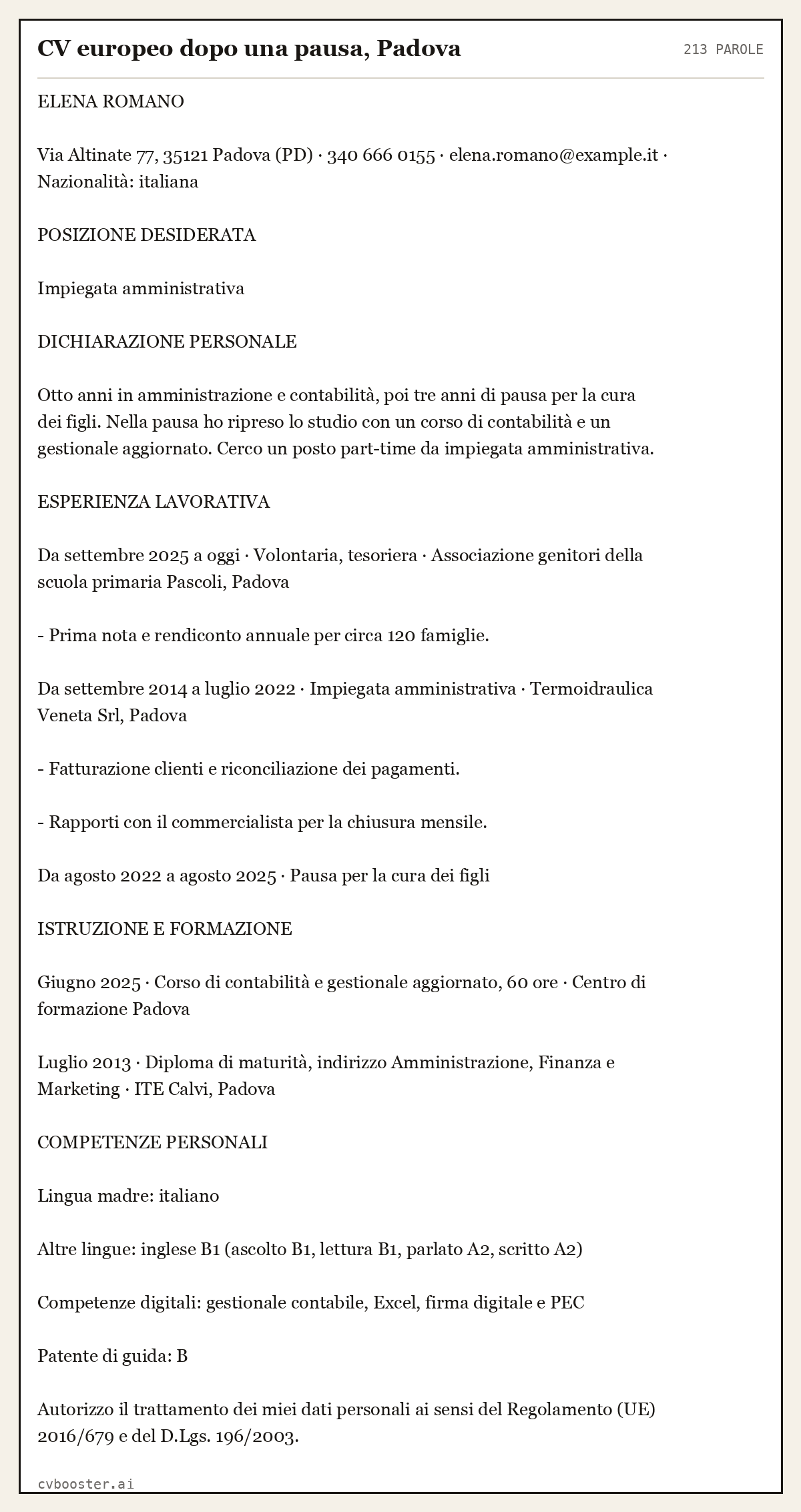 Esempio svolto: CV europeo dopo una pausa, Padova, 213 parole