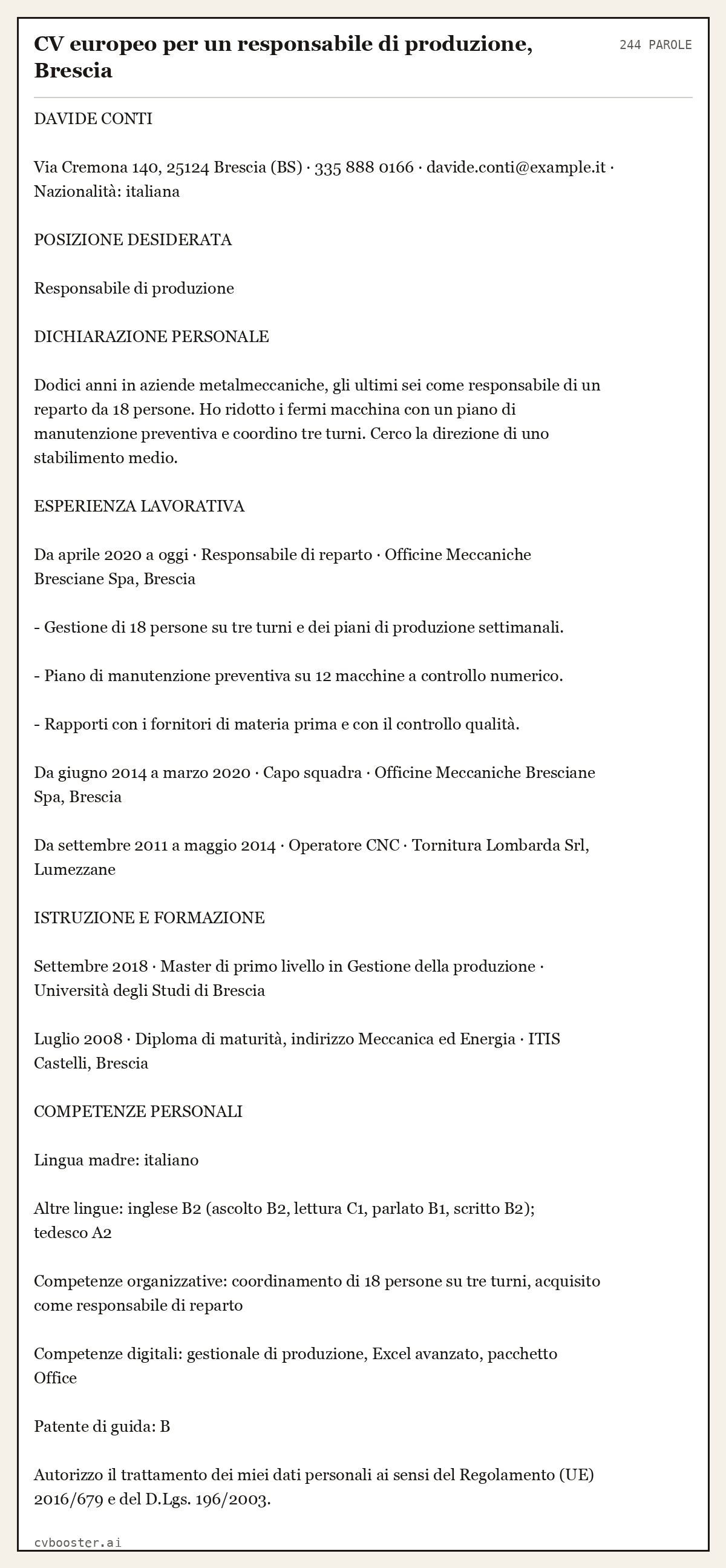 Esempio svolto: CV europeo per un responsabile di produzione, Brescia, 244 parole