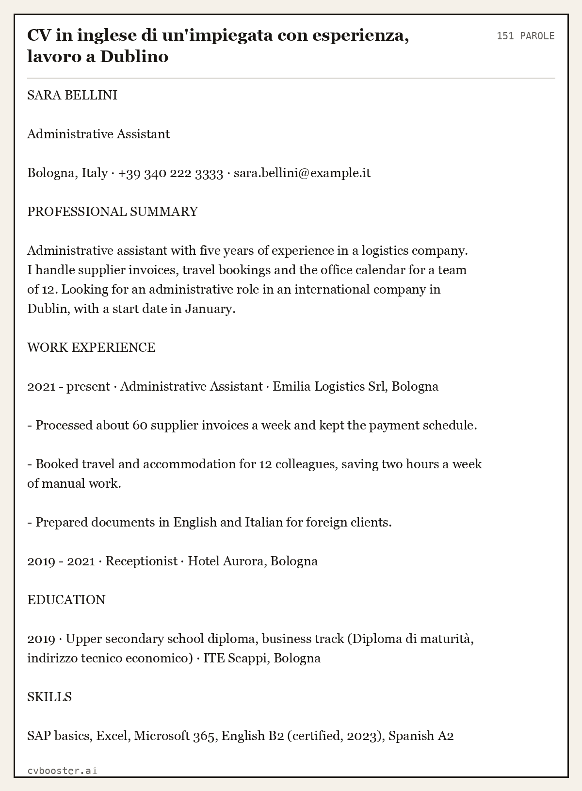 Esempio svolto: CV in inglese di un'impiegata con esperienza, lavoro a Dublino, 151 parole
