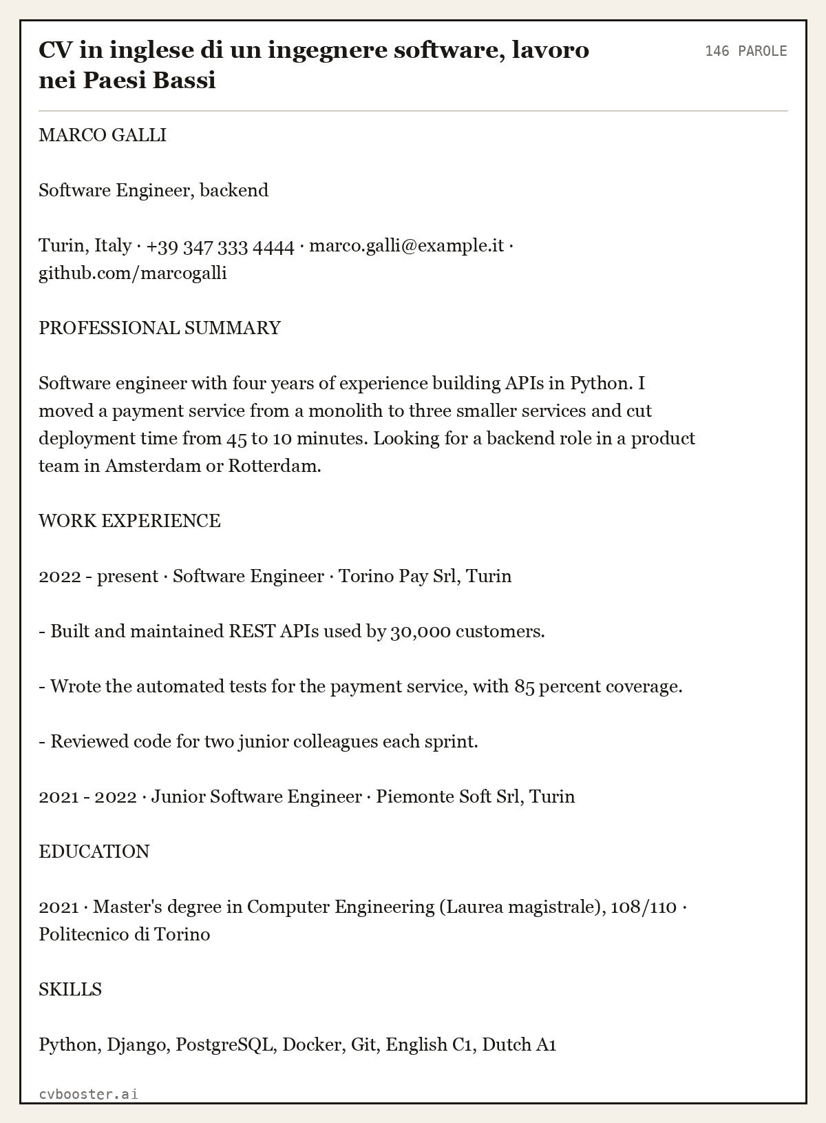 Esempio svolto: CV in inglese di un ingegnere software, lavoro nei Paesi Bassi, 146 parole