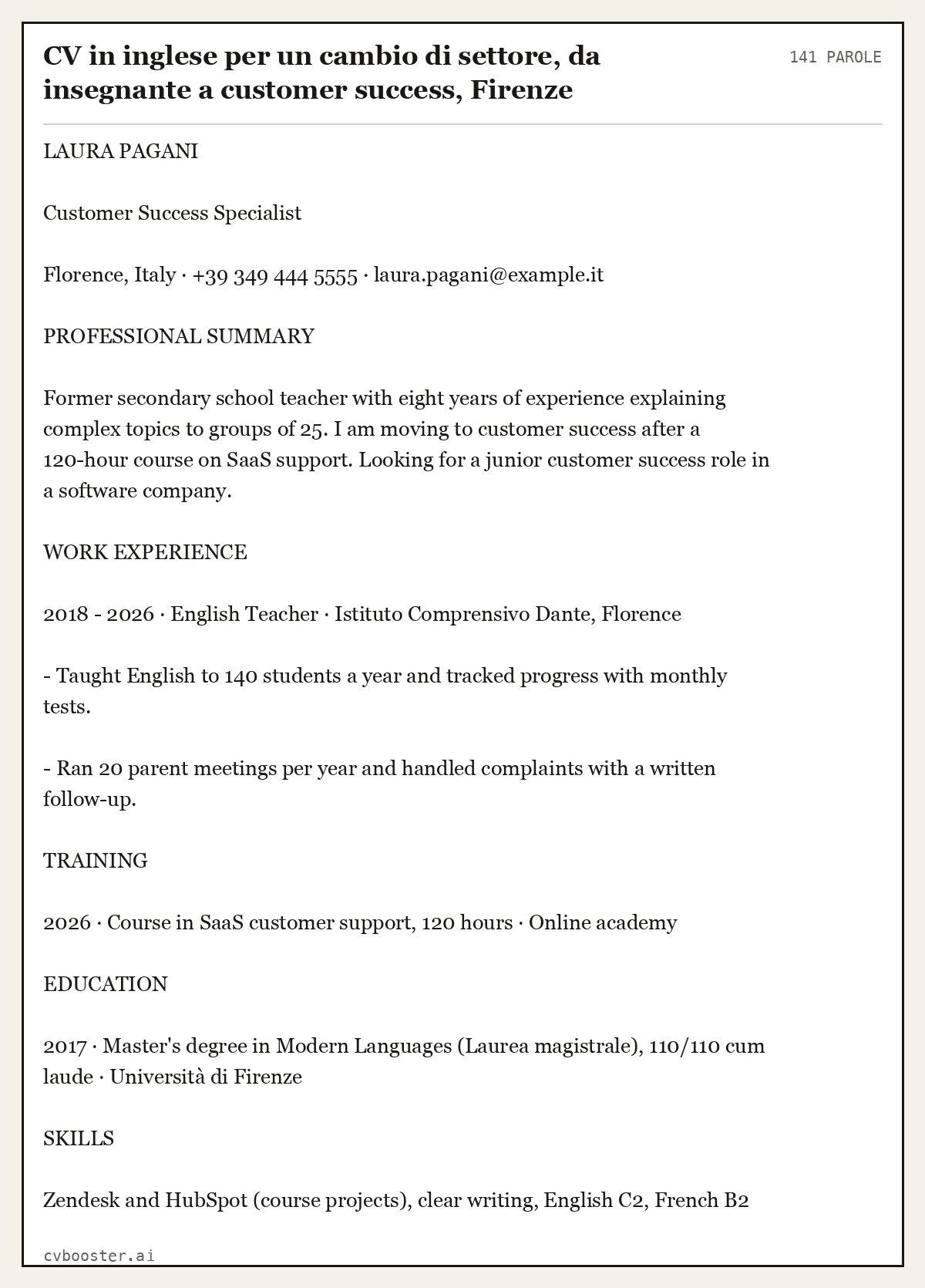 Esempio svolto: CV in inglese per un cambio di settore, da insegnante a customer success, Firenze, 141 parole