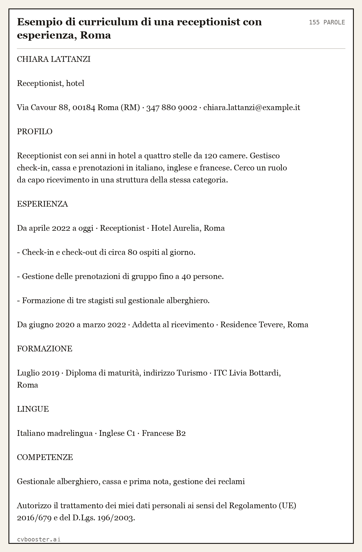 Esempio svolto: Esempio di curriculum di una receptionist con esperienza, Roma, 155 parole