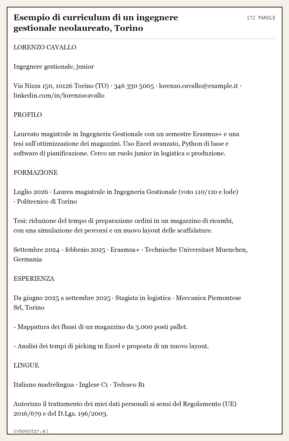 Esempio svolto: Esempio di curriculum di un ingegnere gestionale neolaureato, Torino, 172 parole