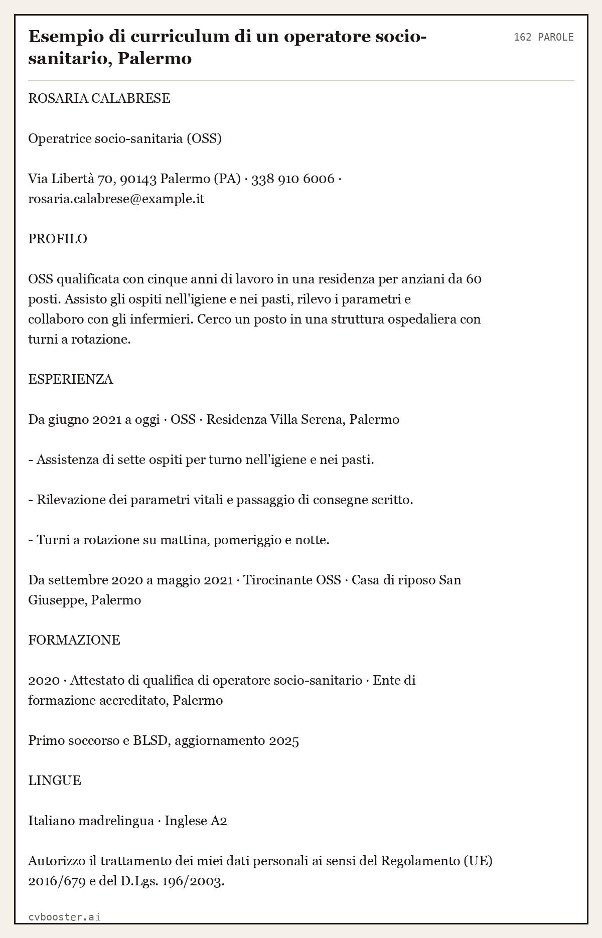 Esempio svolto: Esempio di curriculum di un operatore socio-sanitario, Palermo, 162 parole