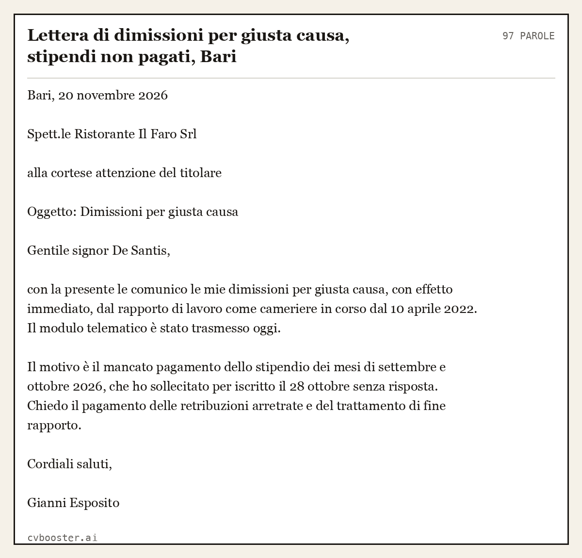 Esempio svolto: Lettera di dimissioni per giusta causa, stipendi non pagati, Bari, 97 parole