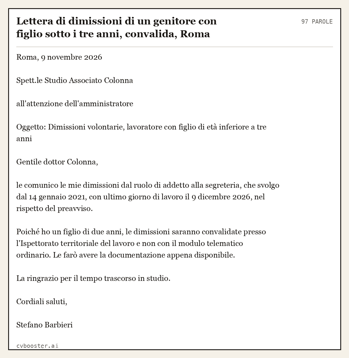 Esempio svolto: Lettera di dimissioni di un genitore con figlio sotto i tre anni, convalida, Roma, 97 parole
