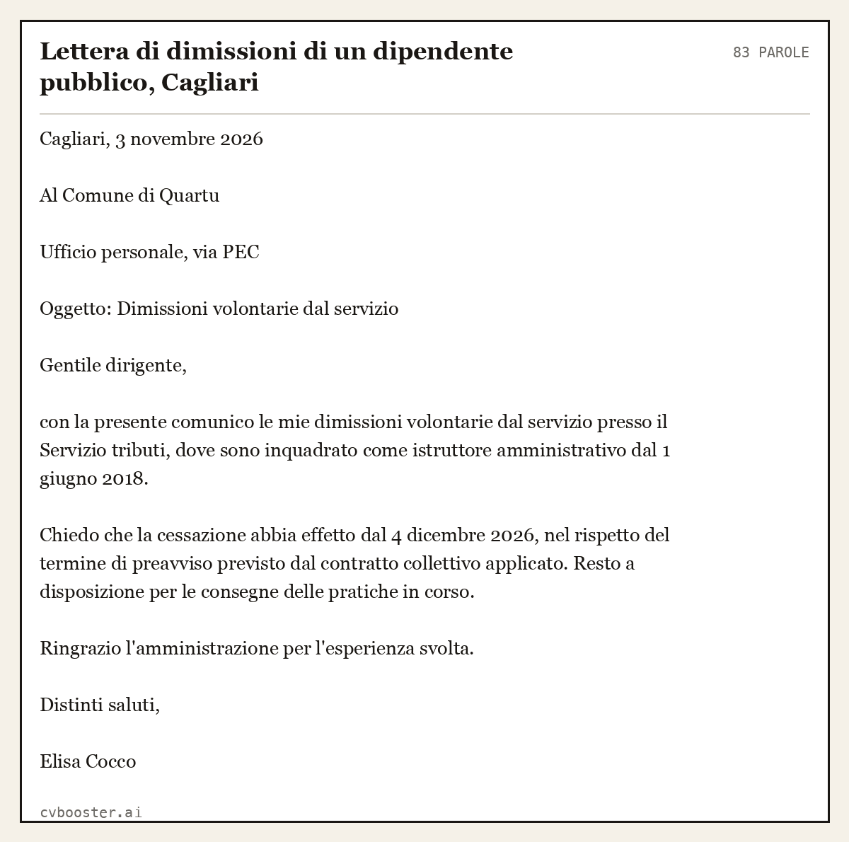 Esempio svolto: Lettera di dimissioni di un dipendente pubblico, Cagliari, 83 parole