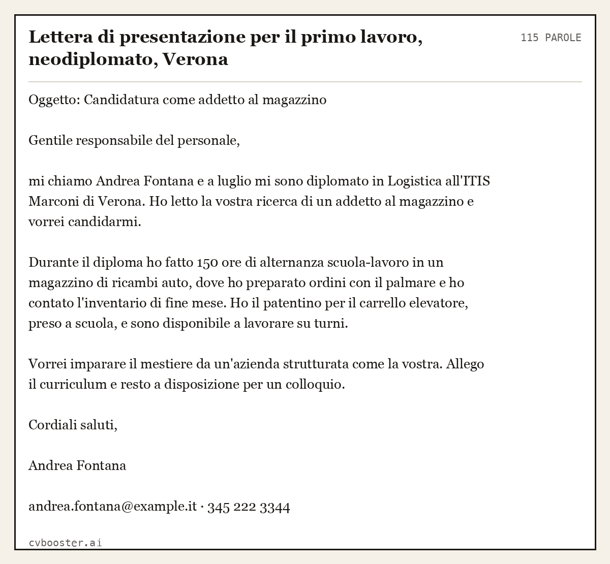 Esempio svolto: Lettera di presentazione per il primo lavoro, neodiplomato, Verona, 115 parole