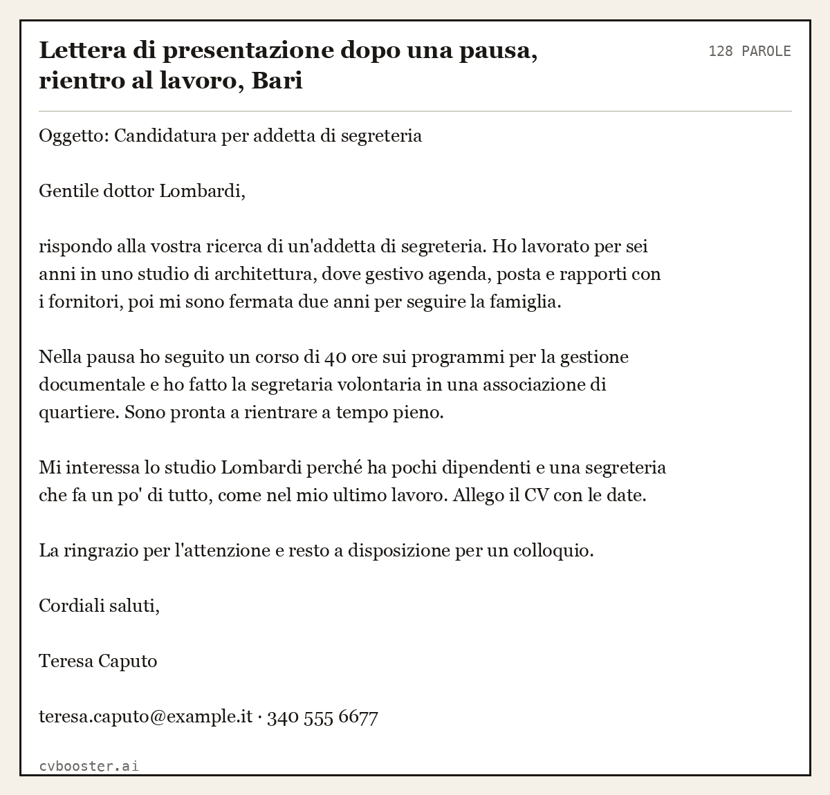 Esempio svolto: Lettera di presentazione dopo una pausa, rientro al lavoro, Bari, 128 parole