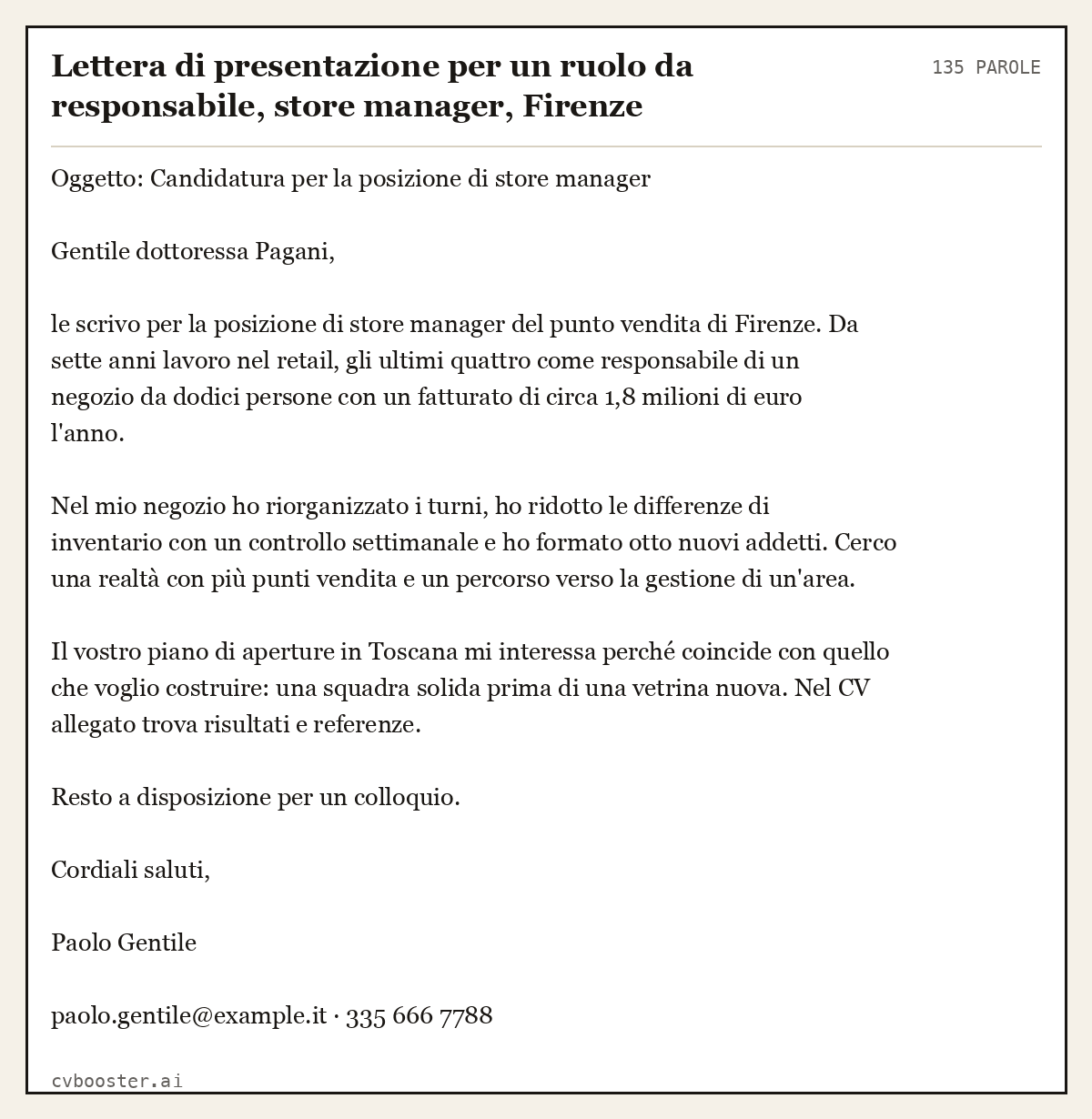 Esempio svolto: Lettera di presentazione per un ruolo da responsabile, store manager, Firenze, 135 parole