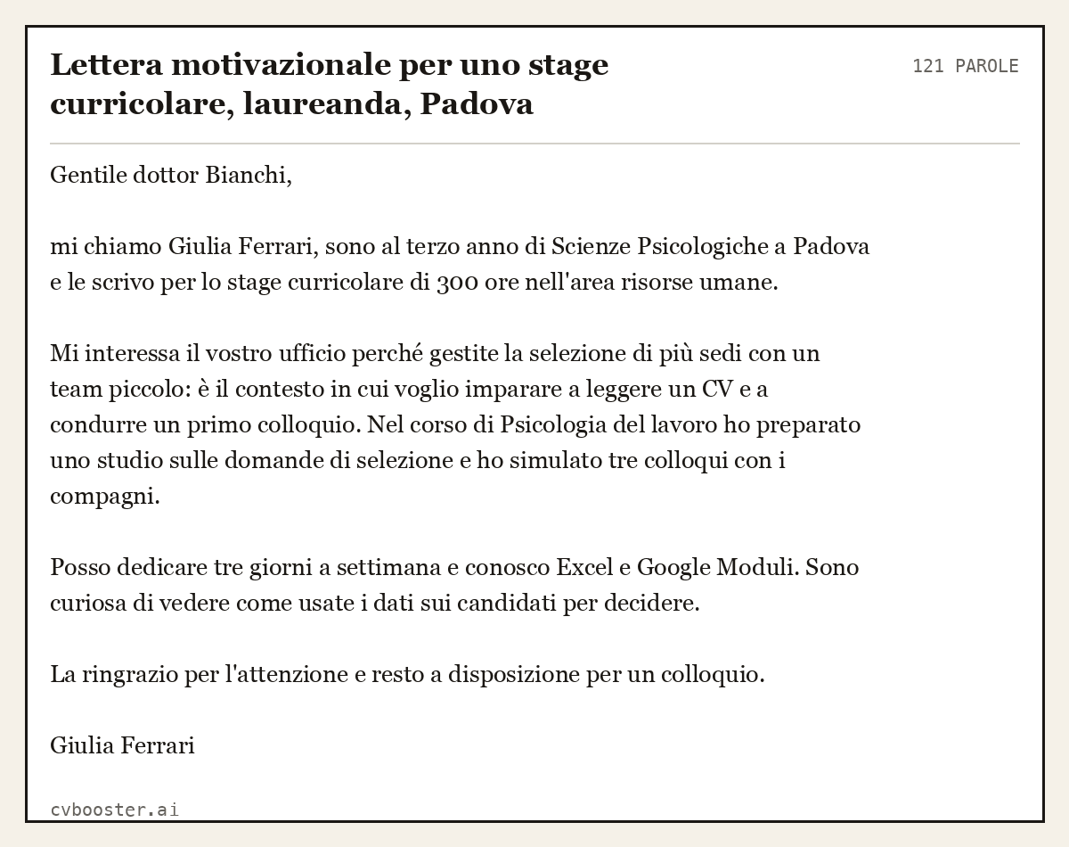 Esempio svolto: Lettera motivazionale per uno stage curricolare, laureanda, Padova, 121 parole