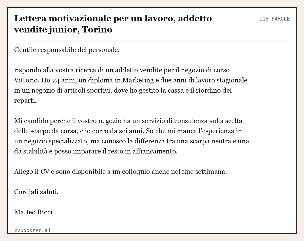 Esempio svolto: Lettera motivazionale per un lavoro, addetto vendite junior, Torino, 115 parole