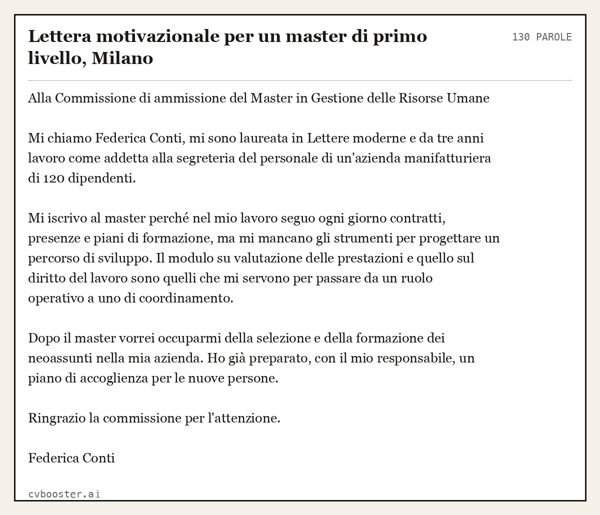 Esempio svolto: Lettera motivazionale per un master di primo livello, Milano, 130 parole