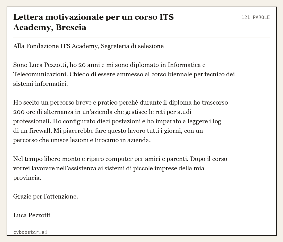 Esempio svolto: Lettera motivazionale per un corso ITS Academy, Brescia, 121 parole