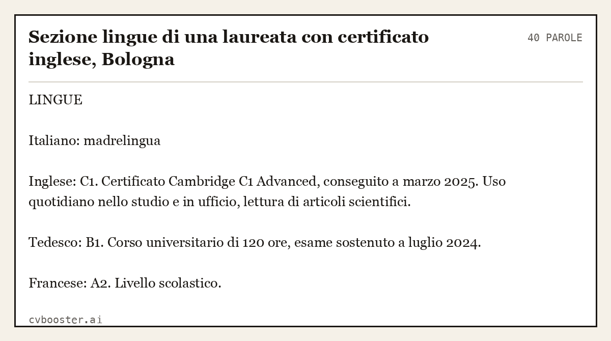 Esempio svolto: Sezione lingue di una laureata con certificato inglese, Bologna, 40 parole