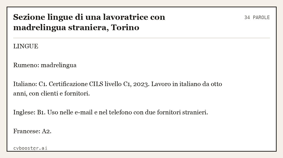Esempio svolto: Sezione lingue di una lavoratrice con madrelingua straniera, Torino, 34 parole