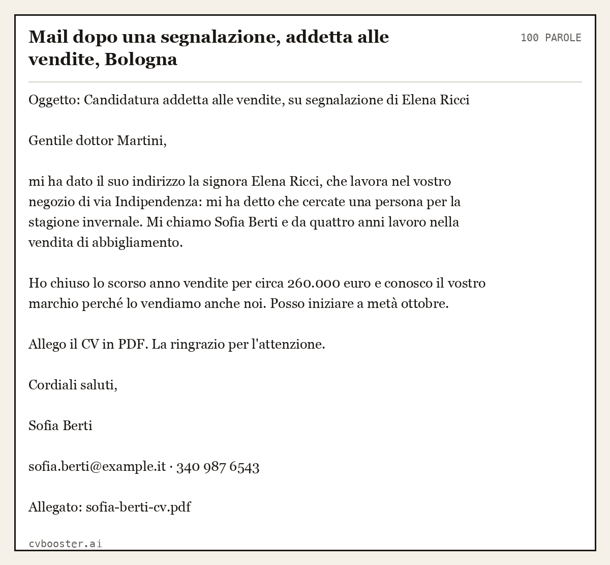 Esempio svolto: Mail dopo una segnalazione, addetta alle vendite, Bologna, 100 parole