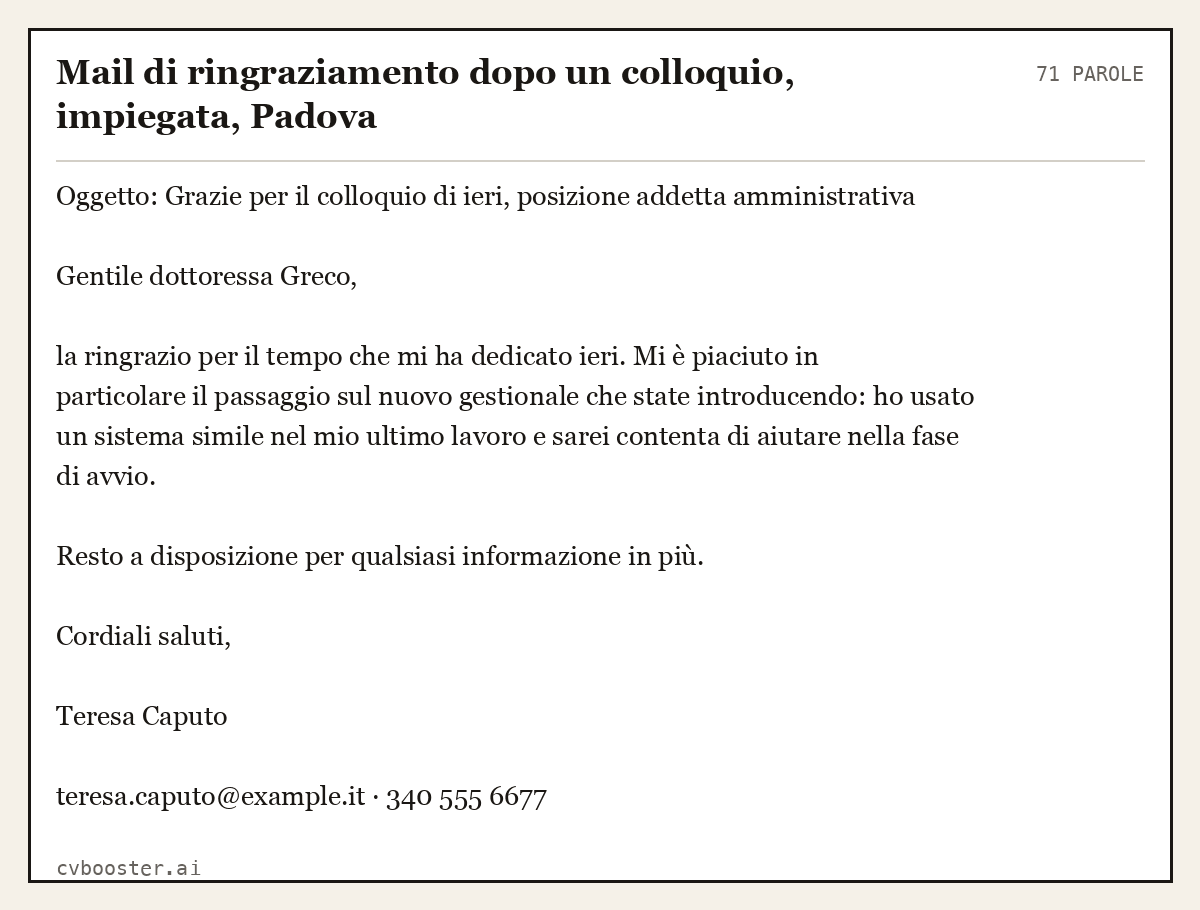 Esempio svolto: Mail di ringraziamento dopo un colloquio, impiegata, Padova, 71 parole