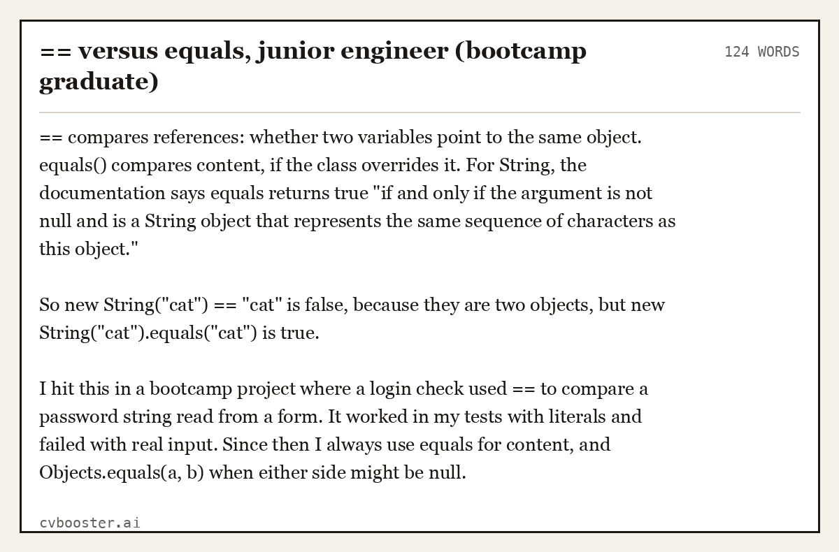 Complete == versus equals, junior engineer (bootcamp graduate) example, 124 words, laid out as it would sit in the application form