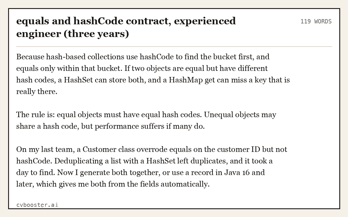 Complete equals and hashCode contract, experienced engineer (three years) example, 119 words, laid out as it would sit in the application form