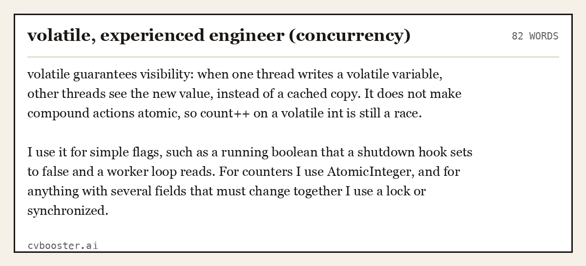 Complete volatile, experienced engineer (concurrency) example, 82 words, laid out as it would sit in the application form