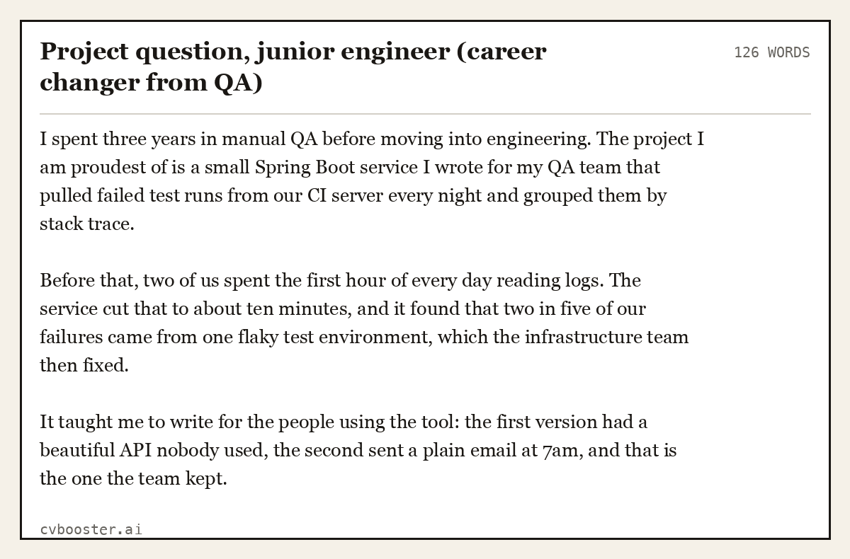 Complete Project question, junior engineer (career changer from QA) example, 126 words, laid out as it would sit in the application form