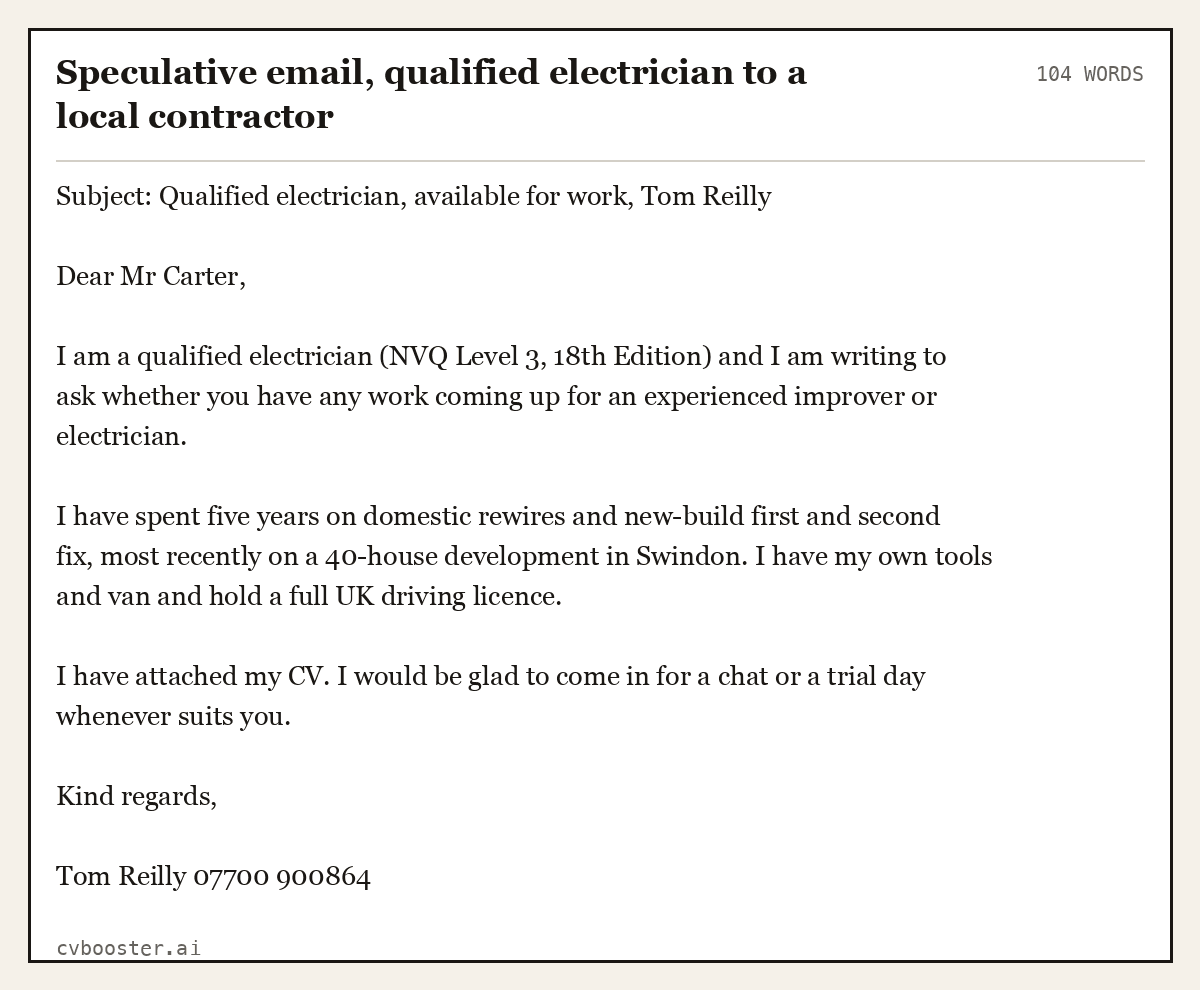 Complete Speculative email, qualified electrician to a local contractor example, 104 words, laid out as it would sit in the application form