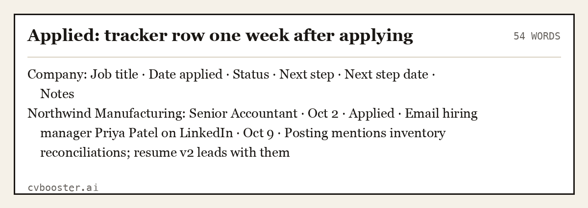 Complete Applied: tracker row one week after applying example, 54 words, laid out as it would sit in the application form