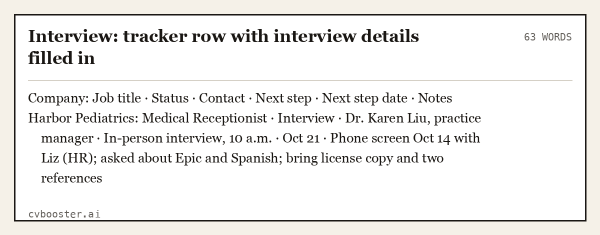 Interview: tracker row with interview details filled in, complete example, 63 words