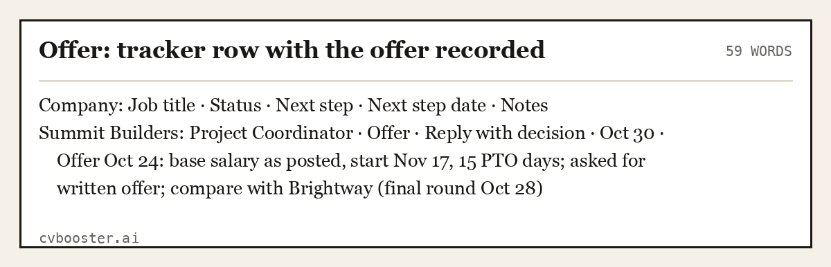 Complete Offer: tracker row with the offer recorded example, 59 words, laid out as it would sit in the application form