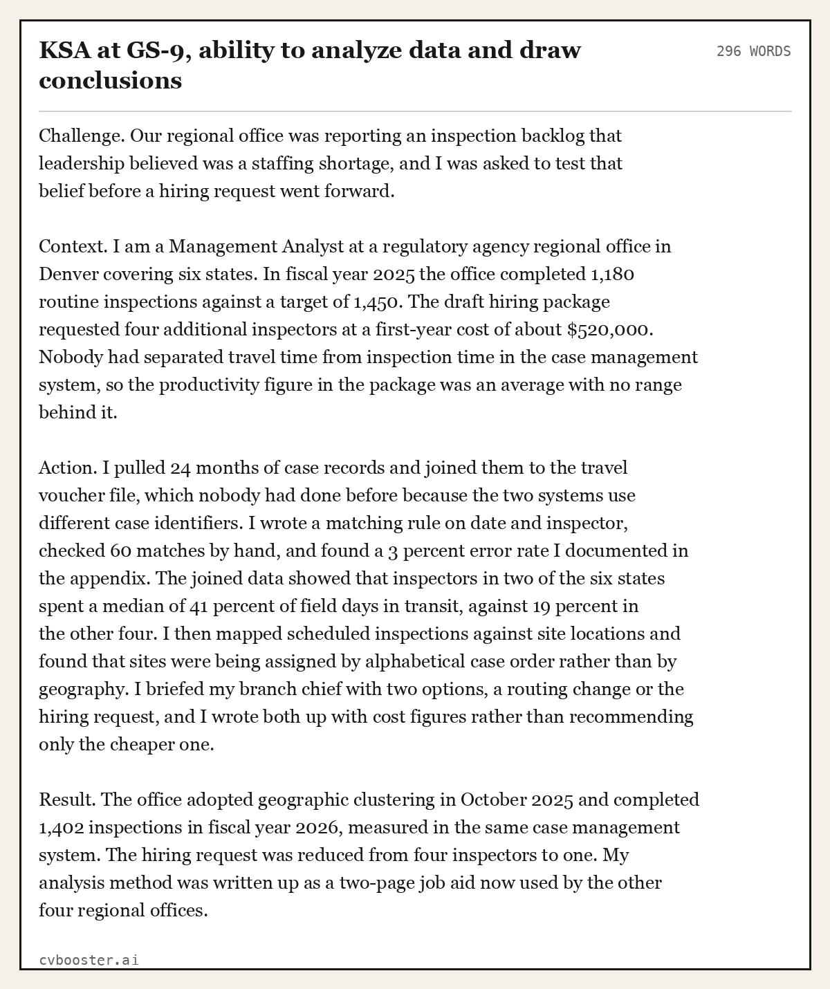 Complete KSA at GS-9, ability to analyze data and draw conclusions example, 296 words, laid out as it would sit in the application form