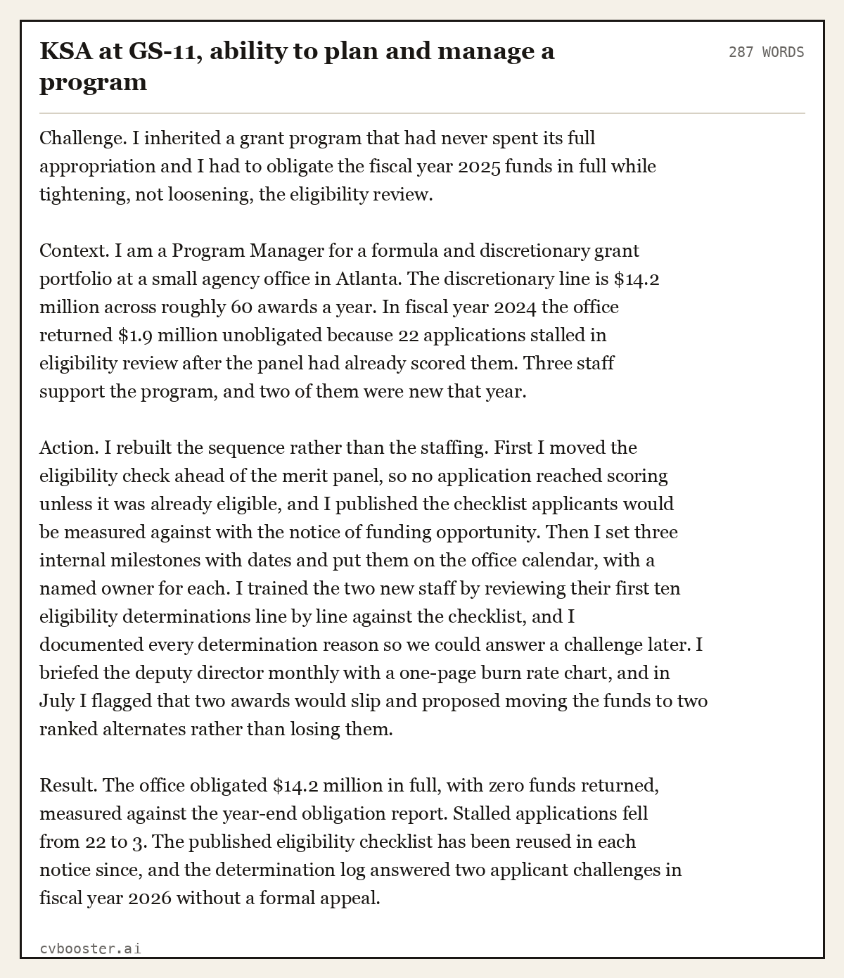 Complete KSA at GS-11, ability to plan and manage a program example, 287 words, laid out as it would sit in the application form