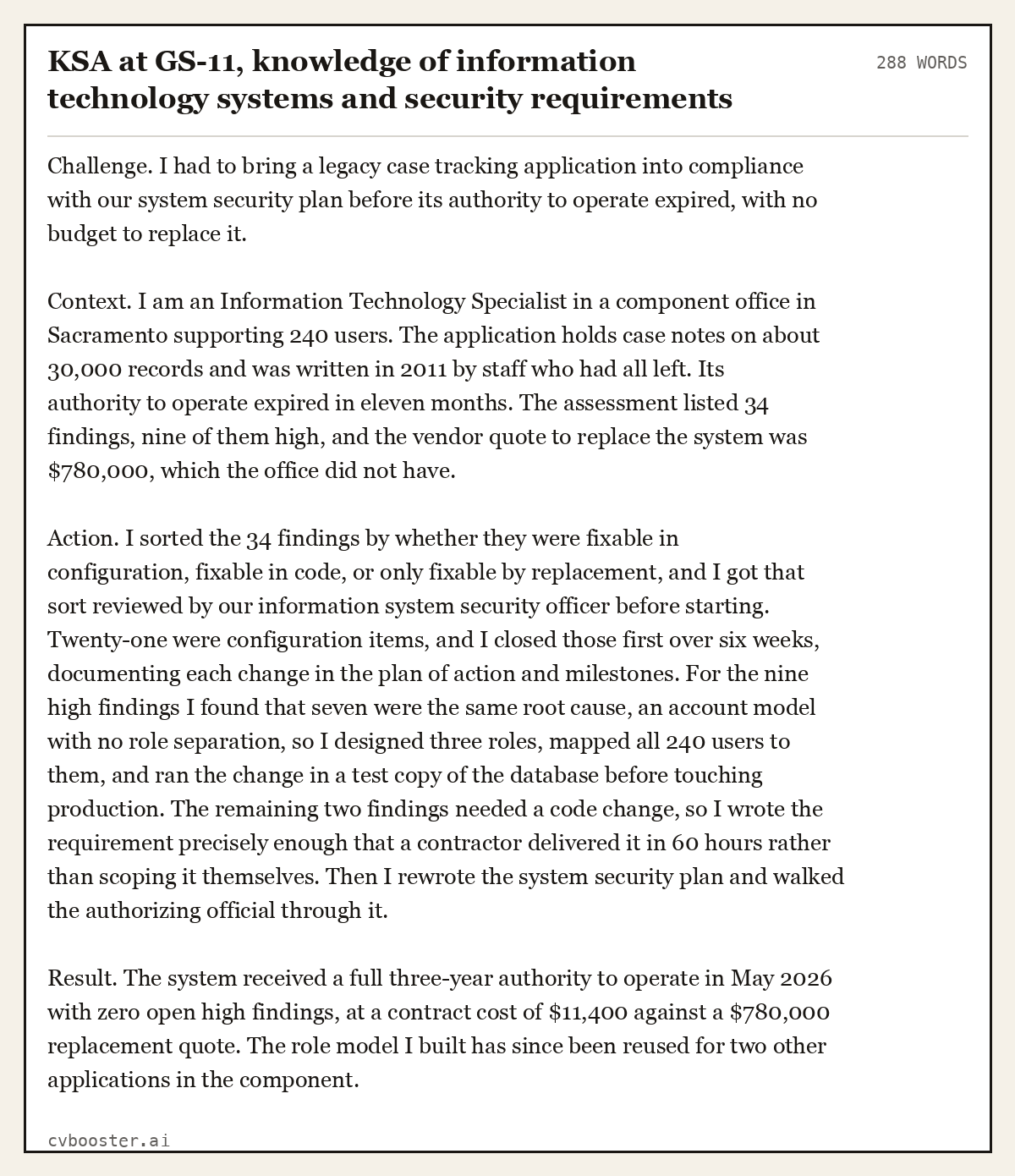 Complete KSA at GS-11, knowledge of information technology systems and security requirements example, 288 words, laid out as it would sit in the application form