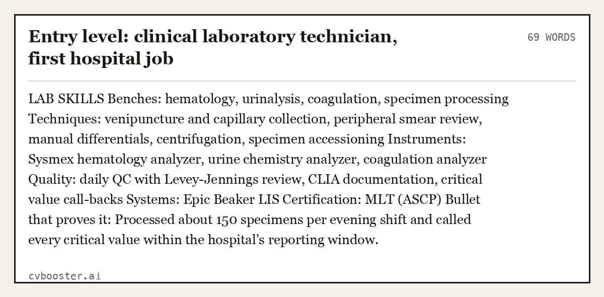 Complete Entry level: clinical laboratory technician, first hospital job example, 69 words, laid out as it would sit in the application form